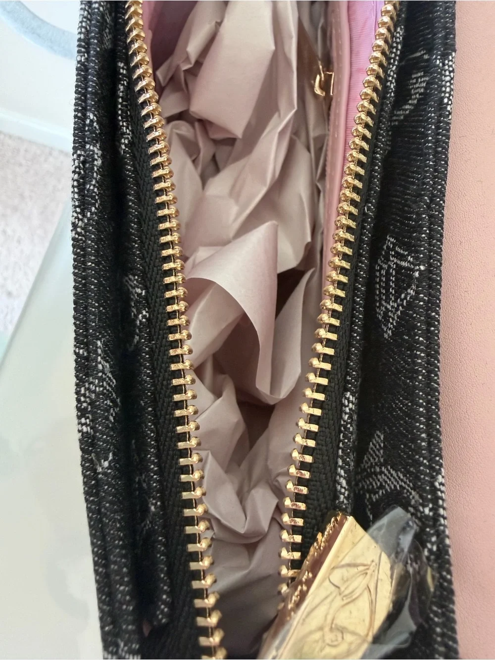 Baby Phat Pink and Black denim monogram Studded Shoulder Bag